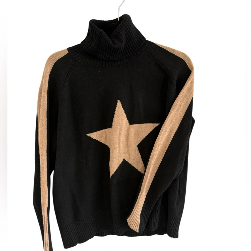 Nordstrom rack black turtleneck sweater with tan star and trim - Picture 5 of 7